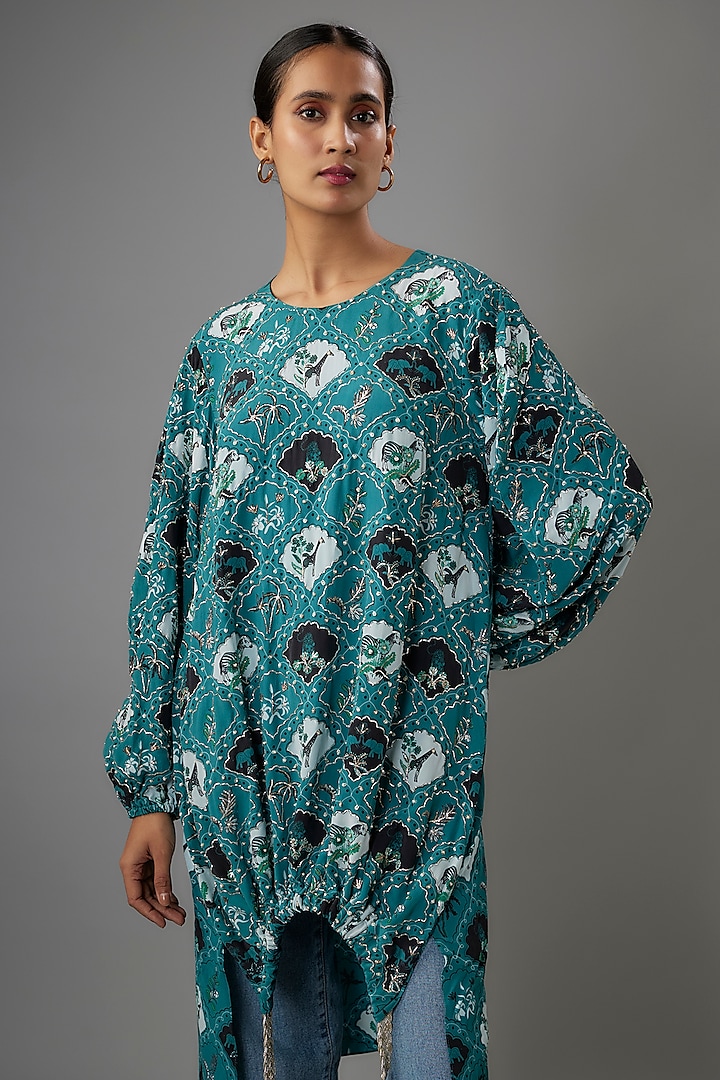 Teal Blue Crepe Safari Printed Tunic by Payal Singhal at Pernia's Pop Up Shop