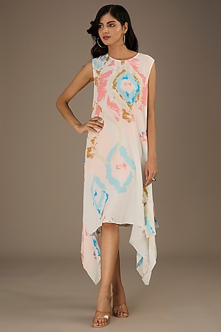 White Crepe Ikat Splash Digital Printed Draped Dress by Payal Singhal