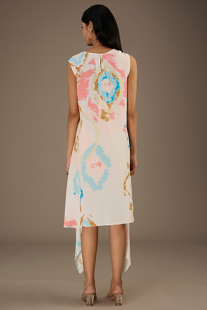 White Crepe Ikat Splash Digital Printed Draped Vacation Dress by Payal Singhal at Pernia's Pop Up Shop