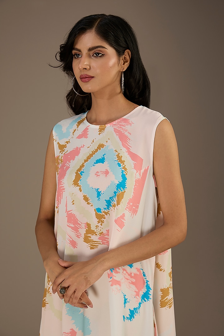 White Crepe Ikat Splash Digital Printed Draped Vacation Dress by Payal Singhal at Pernia's Pop Up Shop