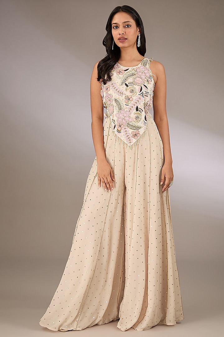 Stone Colored Mukaish Georgette Sharara Set by Payal Singhal at Pernia's Pop Up Shop