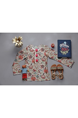 Khaki & Pink Printed Tunic For Girls by Payal Singhal Kids