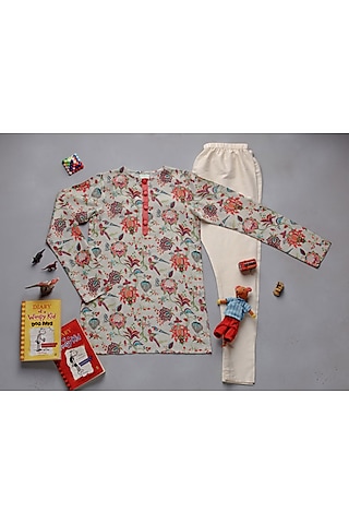 Khaki Bird Printed Kurta Set For Boys by Payal Singhal Kids