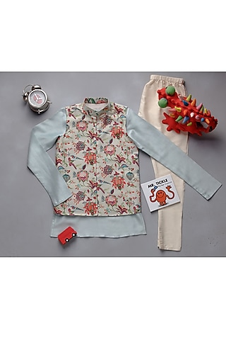 Powder Blue Bird Printed Kurta Set For Boys by Payal Singhal Kids