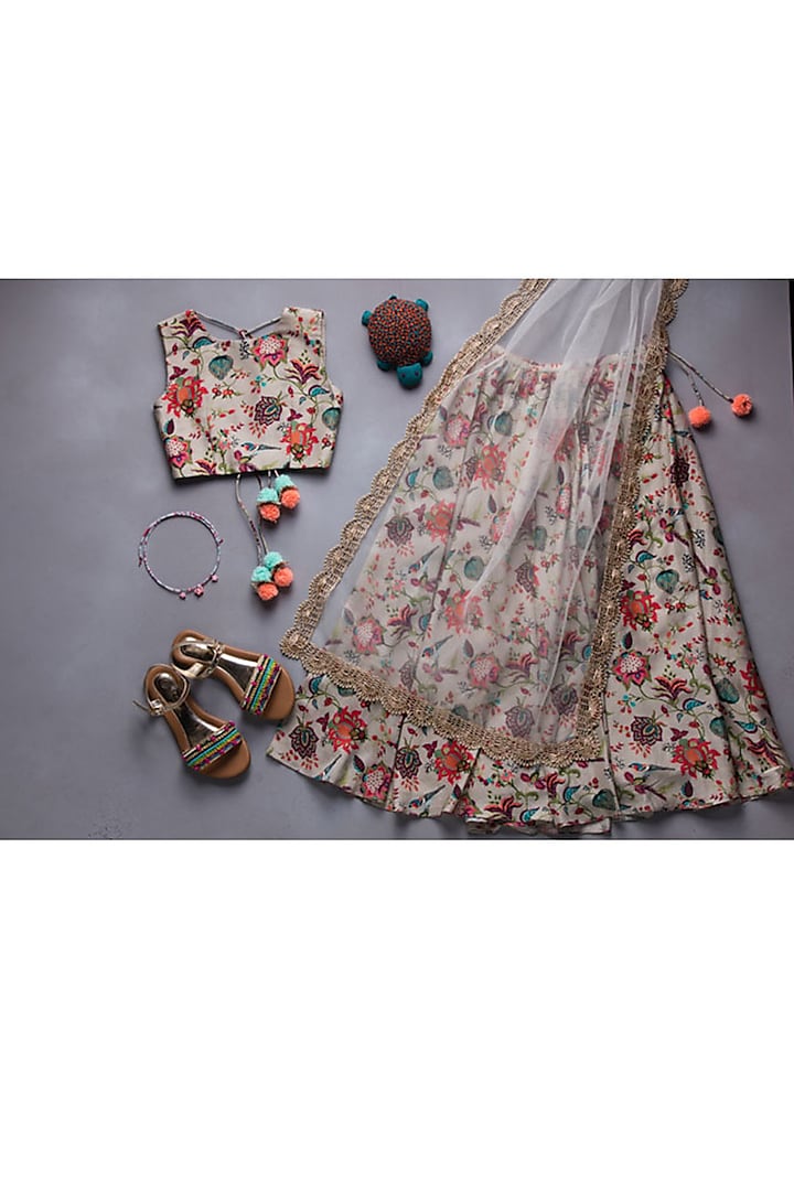 Khaki Bird Printed Lehenga Set For Girls by Payal Singhal Kids