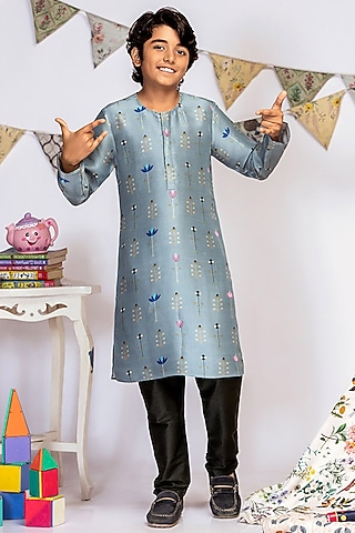 Powder Blue Printed Kurta Set For Boys by Payal Singhal Kids