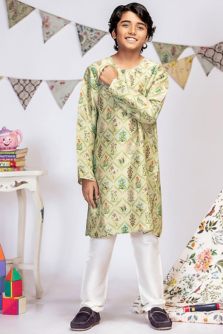 Mint Green Printed Kurta Set For Boys by Payal Singhal Kids