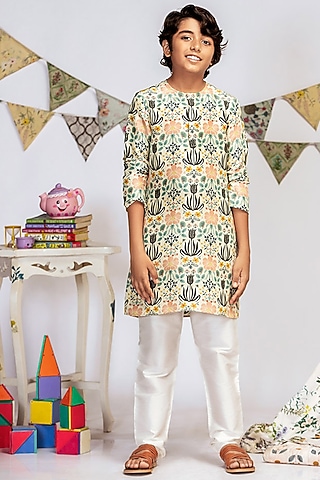 Cream Printed Kurta Set For Boys by Payal Singhal Kids