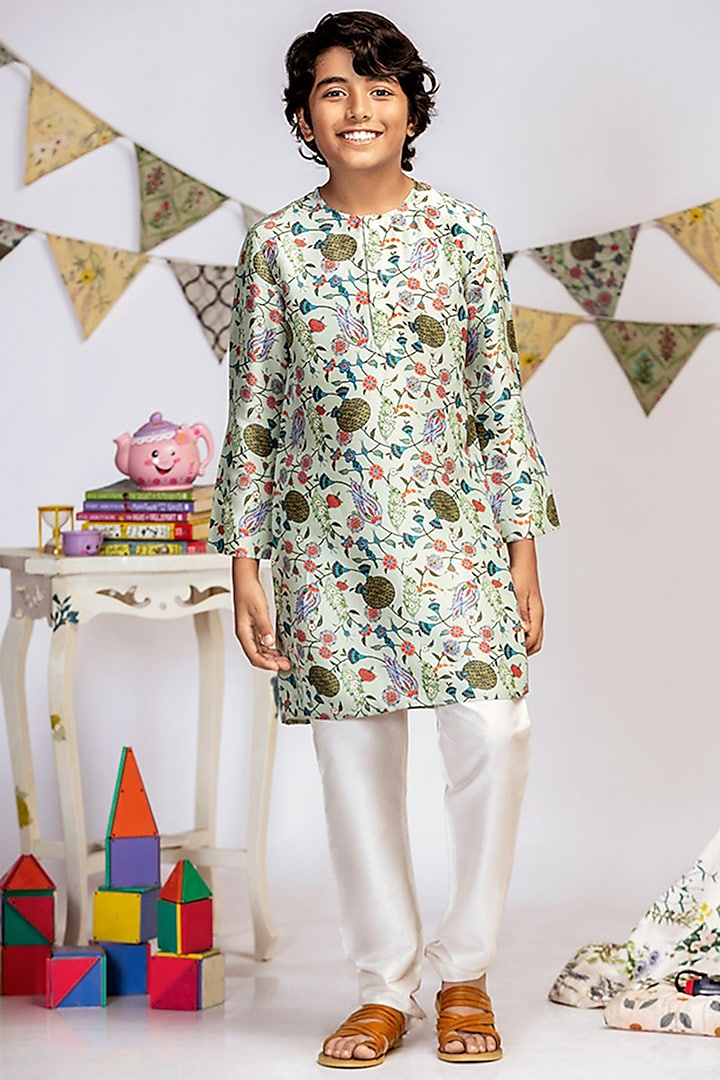 Aqua Blue Printed Kurta Set For Boys by Payal Singhal Kids