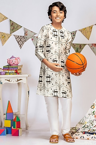 Stone White Printed Kurta Set For Boys by Payal Singhal Kids