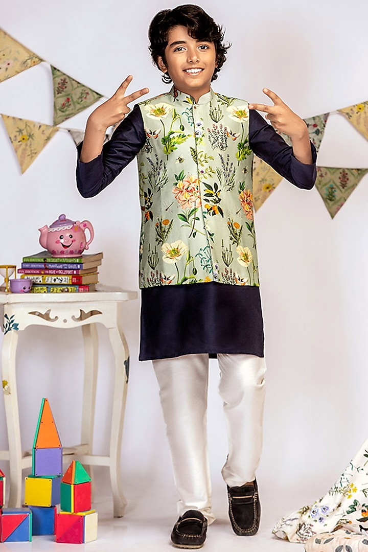 Navy Blue Kurta Set With Printed Jacket For Boys by Payal Singhal Kids