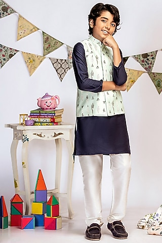 Powder Blue Fish Printed Jacket Set For Boys by Payal Singhal Kids