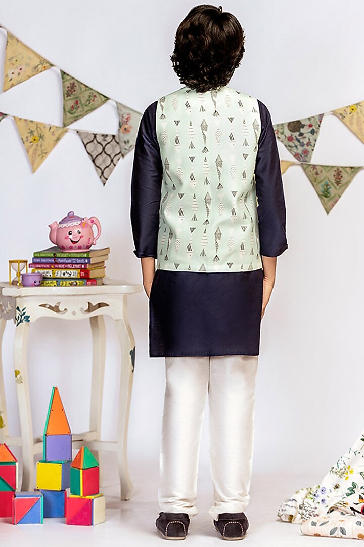 Powder Blue Fish Printed Jacket Set For Boys by Payal Singhal Kids at Pernia's Pop Up Shop
