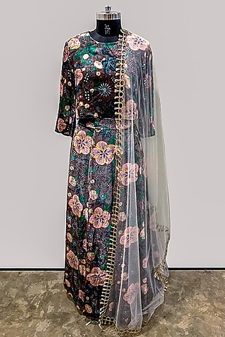 Brown Printed & Tasseled Lehenga Set by Payal Singhal