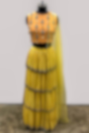 Pale Yellow Embroidered Scalloped Tiered Wedding Lehenga Set by Payal Singhal at Pernia's Pop Up Shop