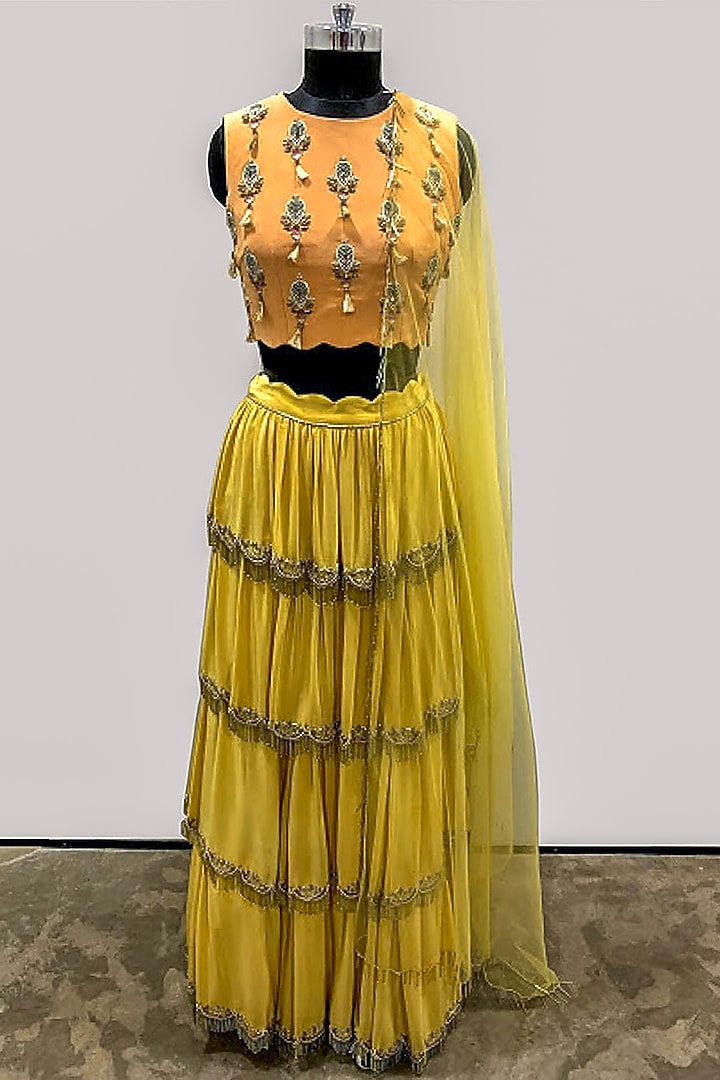 Pale Yellow Embroidered Scalloped Tiered Wedding Lehenga Set by Payal Singhal at Pernia's Pop Up Shop