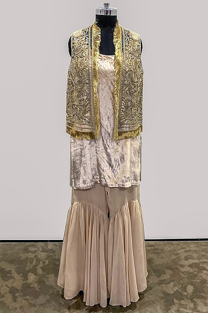 Stone Colored Embroidered Jacket Set by Payal Singhal at Pernia's Pop Up Shop