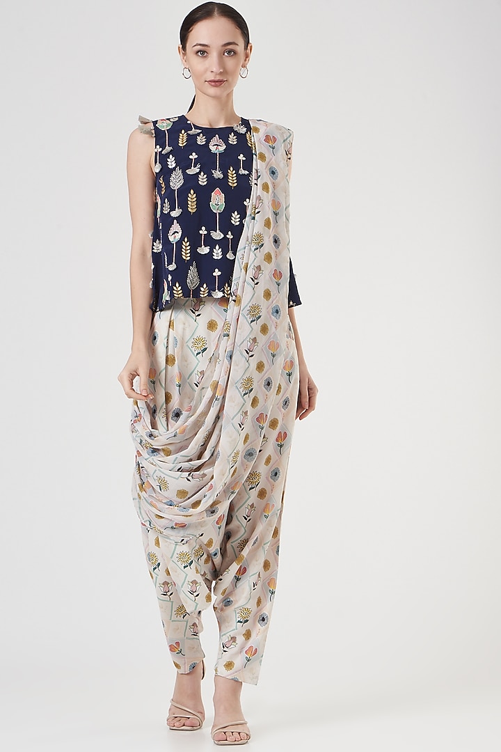 White Art Crepe & Crepe Georgette Printed Draped Dhoti Saree Set by PS Pret by Payal Singhal