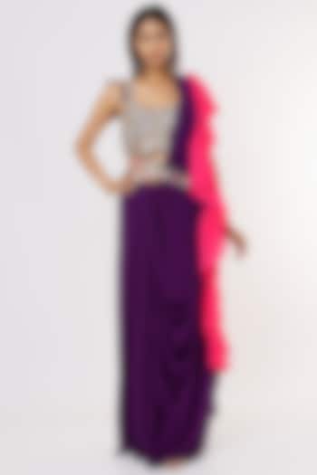 Purple & Fuchsia Embroidered Frilled Saree Set by Payal Singhal