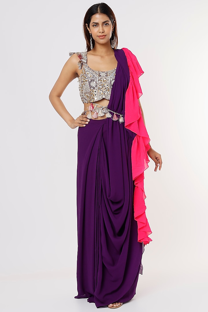 Purple & Fuchsia Embroidered Frilled Saree Set by Payal Singhal