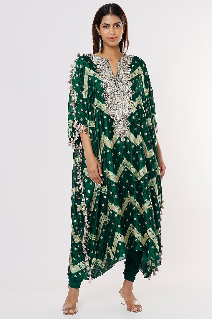 Emerald Green Embroidered & Printed Kaftan Set by Payal Singhal