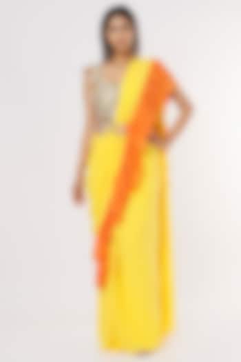 Bright Yellow & Orange Embroidered Frilled Saree Set by Payal Singhal