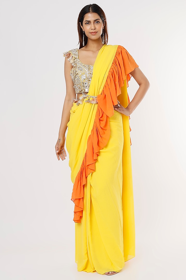 Bright Yellow & Orange Embroidered Frilled Saree Set by Payal Singhal
