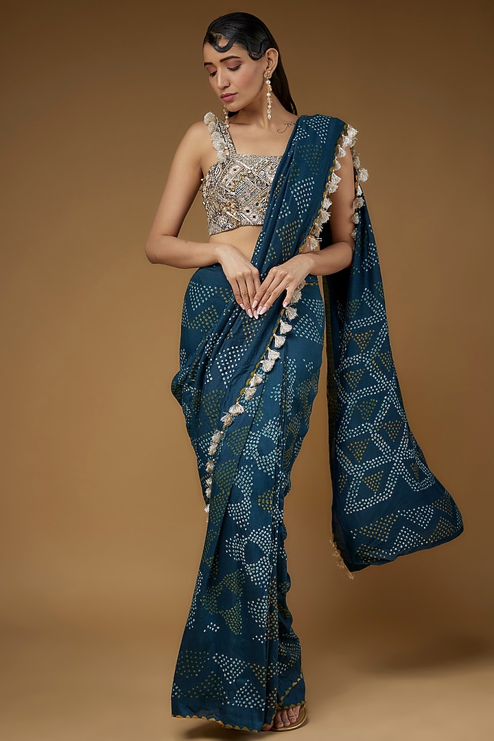 Teal Blue Silk bandhani Wedding Saree Set by Payal Singhal at Pernia's Pop Up Shop
