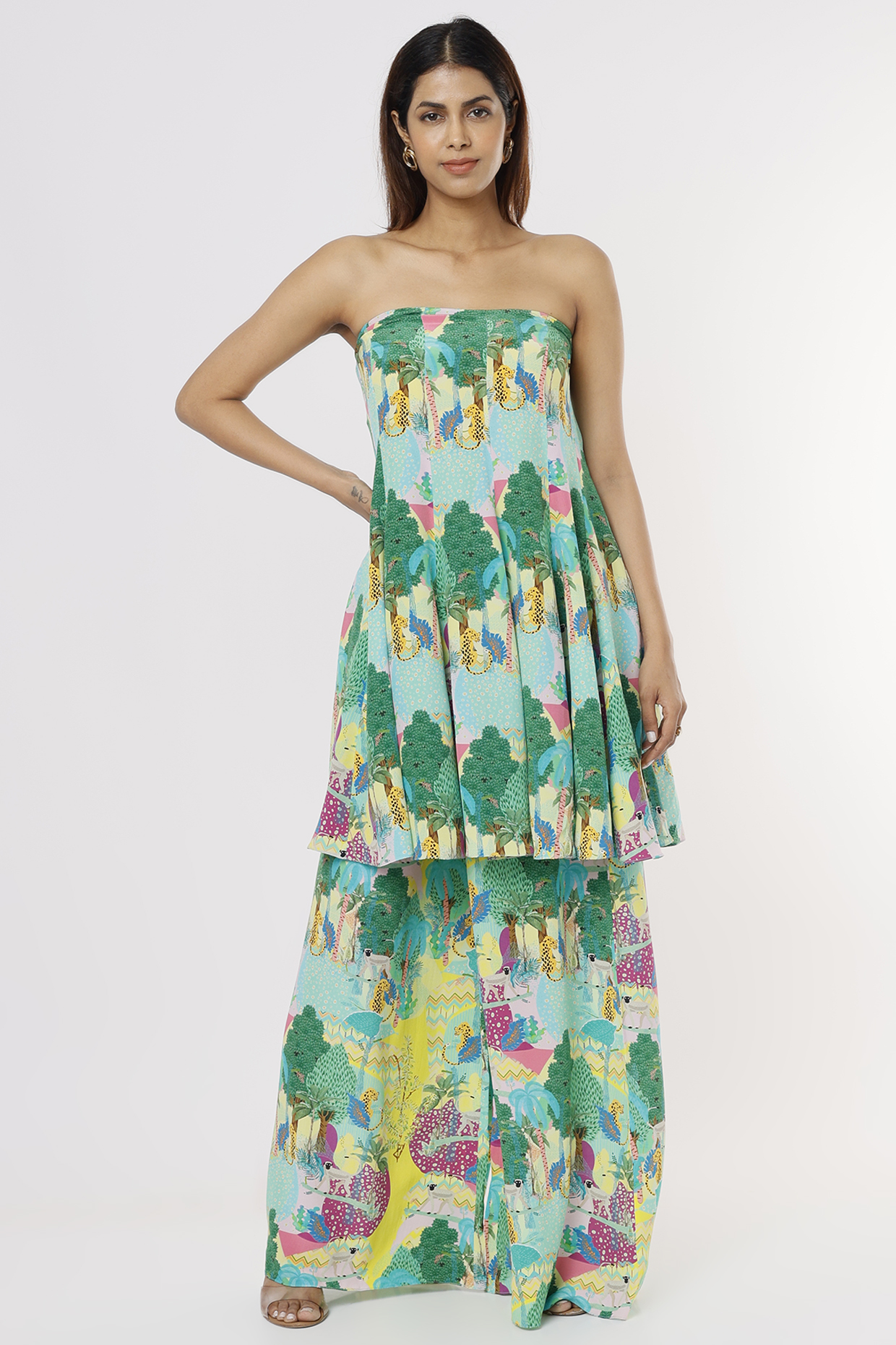 Pale Yellow Palazzo Pant Set With Multi-Colored Print by Payal Singhal at Pernia's Pop Up Shop