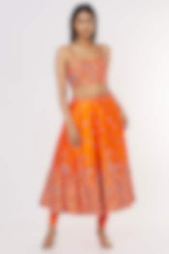 Orange Embroidered Skirt Set With Attached Churidar Pants by Payal Singhal