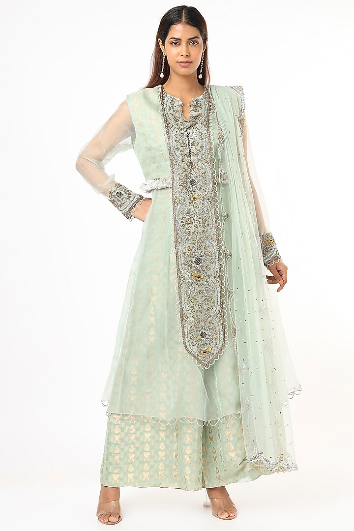 Mint Green Zardosi Embroidered Anarkali Set by Payal Singhal at Pernia's Pop Up Shop