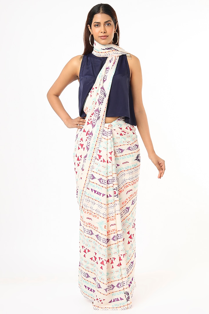 Cream Printed Georgette Saree Set by Payal Singhal at Pernia's Pop Up Shop