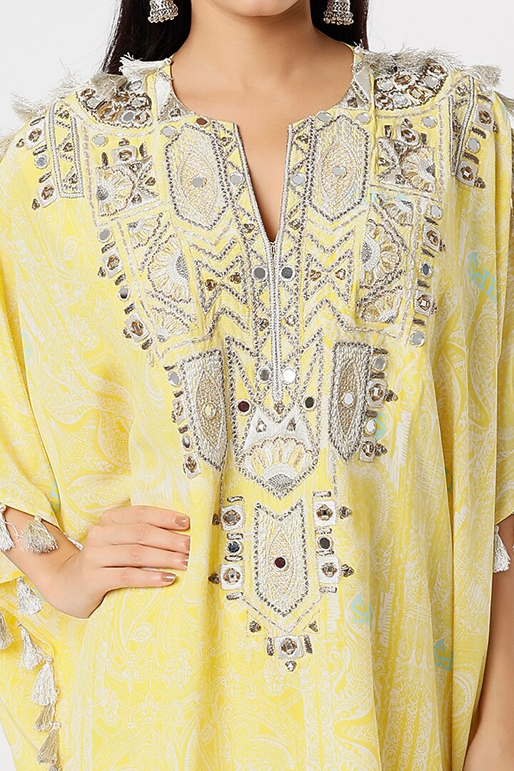 Yellow Printed & Embroidered Kaftan Set by Payal Singhal at Pernia's Pop Up Shop