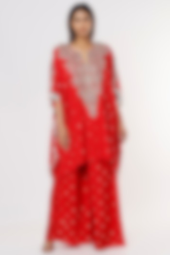 Cadmium Red Embroidered Kaftan Set by Payal Singhal