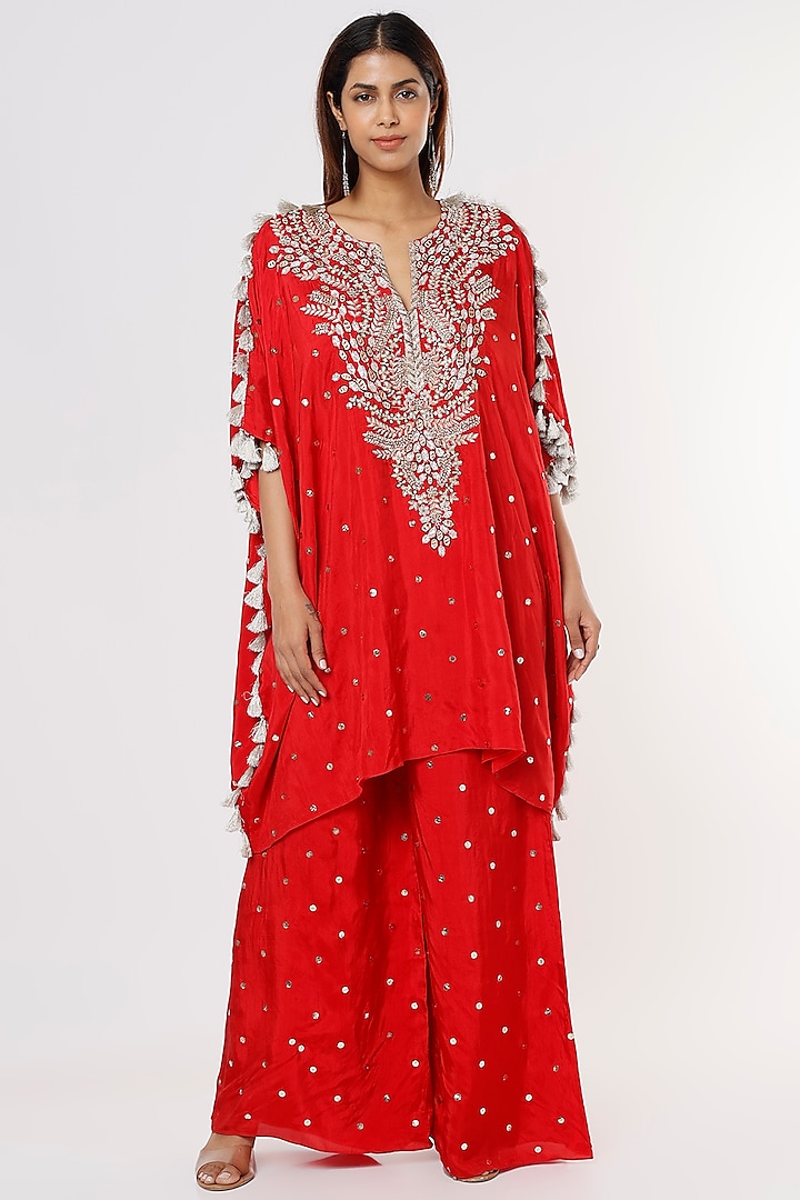 Cadmium Red Embroidered Kaftan Set by Payal Singhal