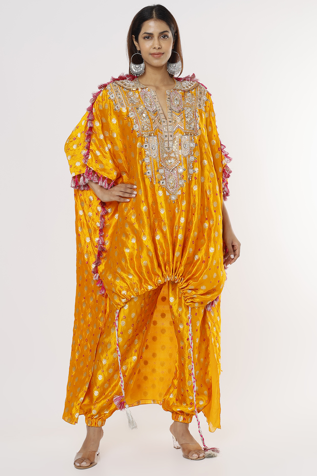 Spectra Yellow Embroidered High-Low Kaftan Set by Payal Singhal at Pernia's Pop Up Shop