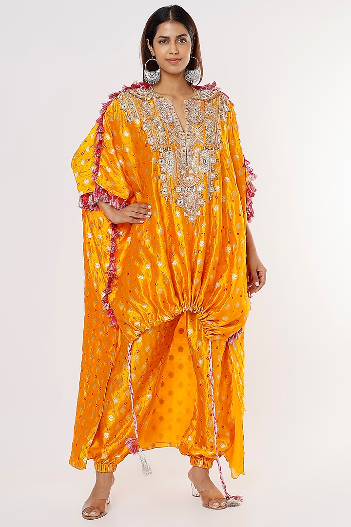 Spectra Yellow Embroidered High-Low Kaftan Set by Payal Singhal