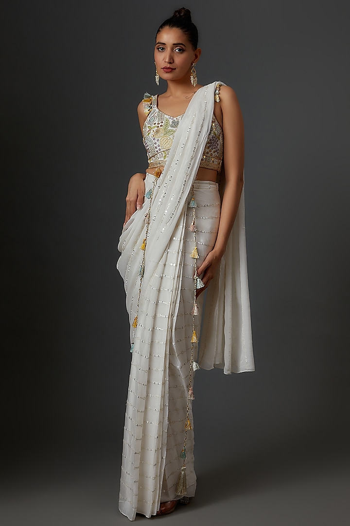 White Silk Embroidered Saree Set by Payal Singhal