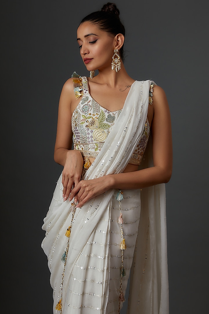White Silk Embroidered Wedding Saree Set by Payal Singhal at Pernia's Pop Up Shop