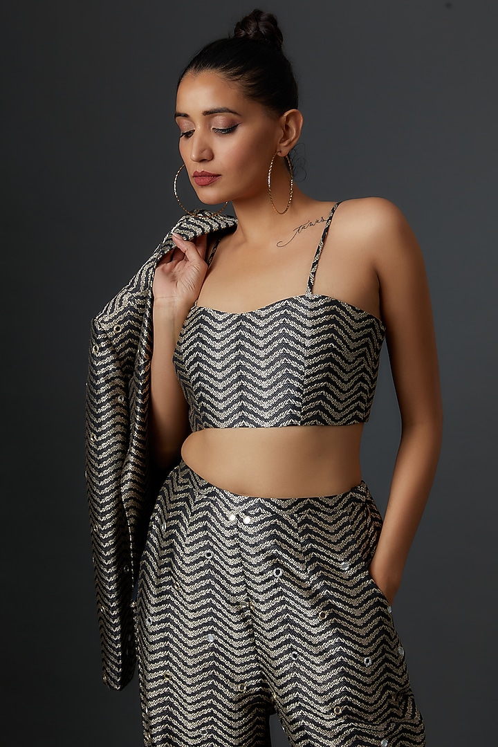 Black Brocade Embroidered Blazer Set by Payal Singhal at Pernia's Pop Up Shop