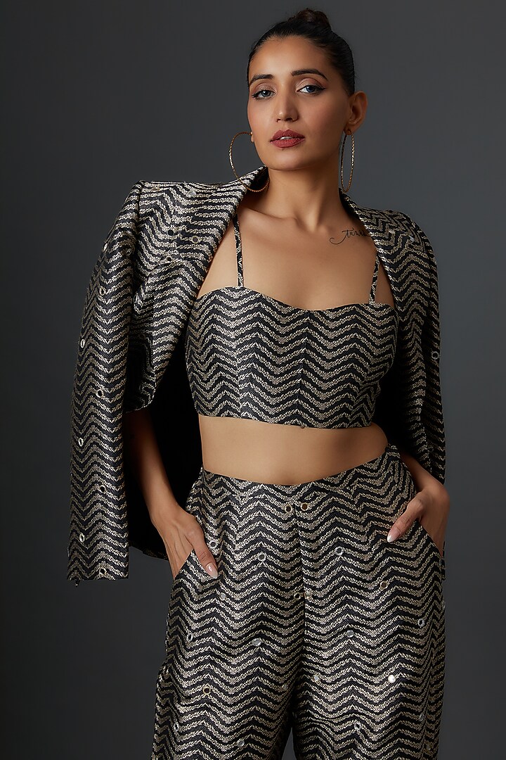 Black Brocade Embroidered Blazer Set by Payal Singhal at Pernia's Pop Up Shop