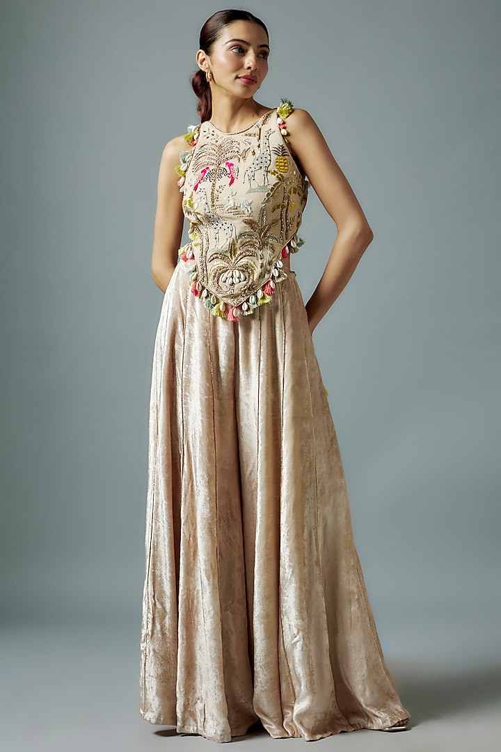 Stone Grey Velvet Hand Embroidered Sharara Set by Payal Singhal