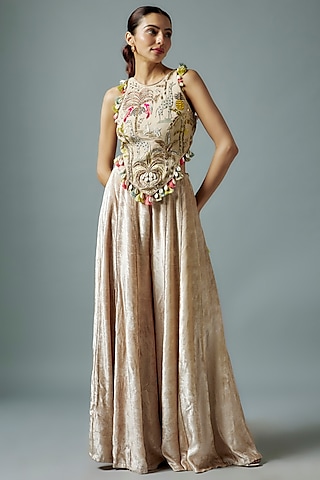 Stone Grey Velvet Hand Embroidered Sharara Set by Payal Singhal