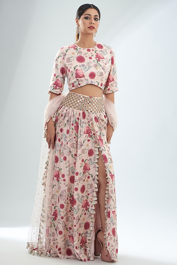 Blush Pink Modal Satin Cutwork Wedding Lehenga Set by Payal Singhal at Pernia's Pop Up Shop