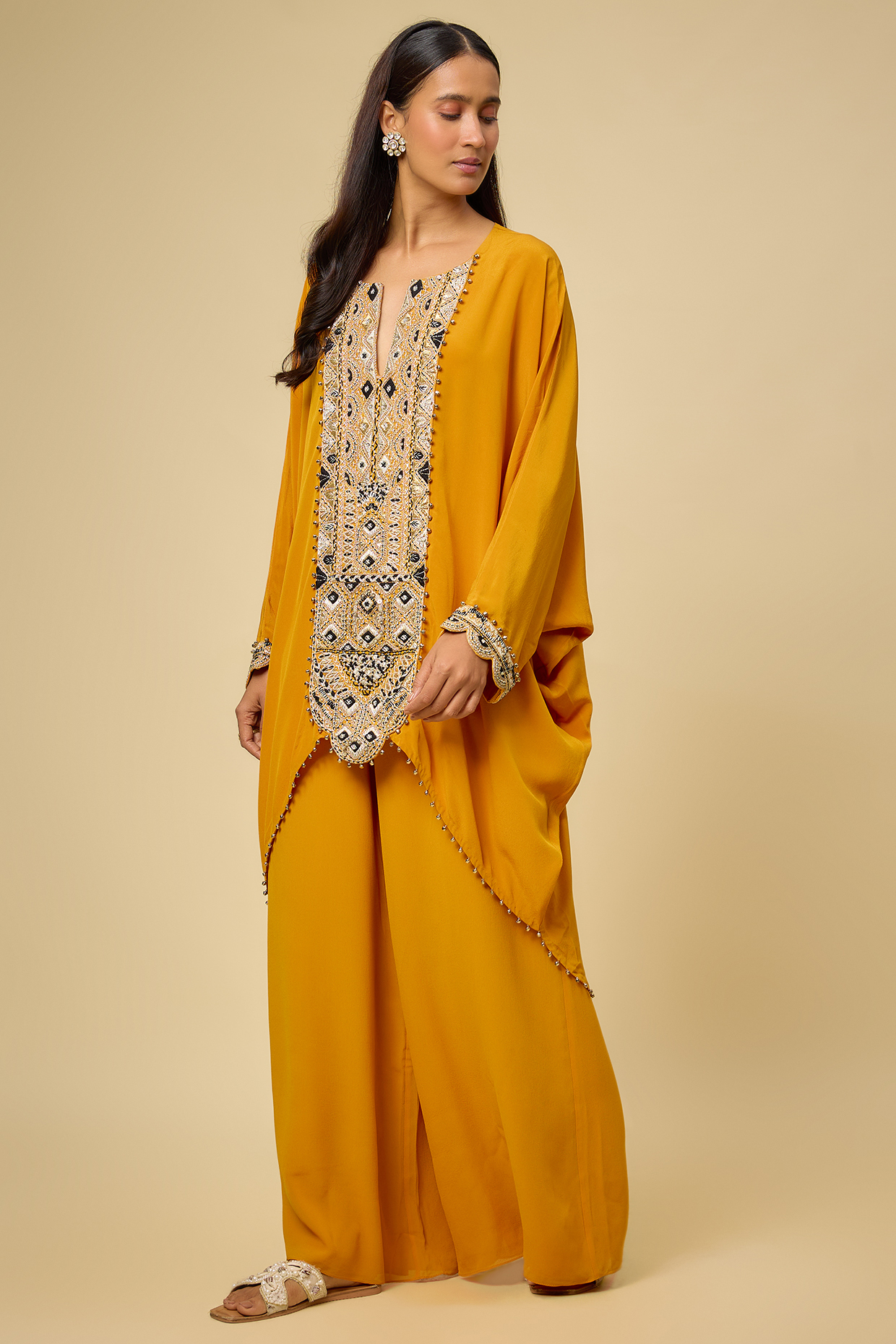 Mustard Crepe Hand Embroidered Kaftan Set by Payal Singhal at Pernia's Pop Up Shop
