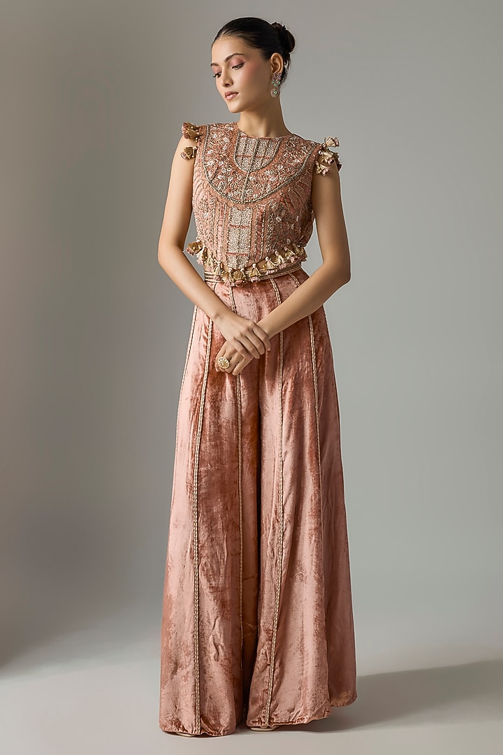 Dull Rose-Colored Velvet Embroidered Wedding Sharara Set by Payal Singhal at Pernia's Pop Up Shop