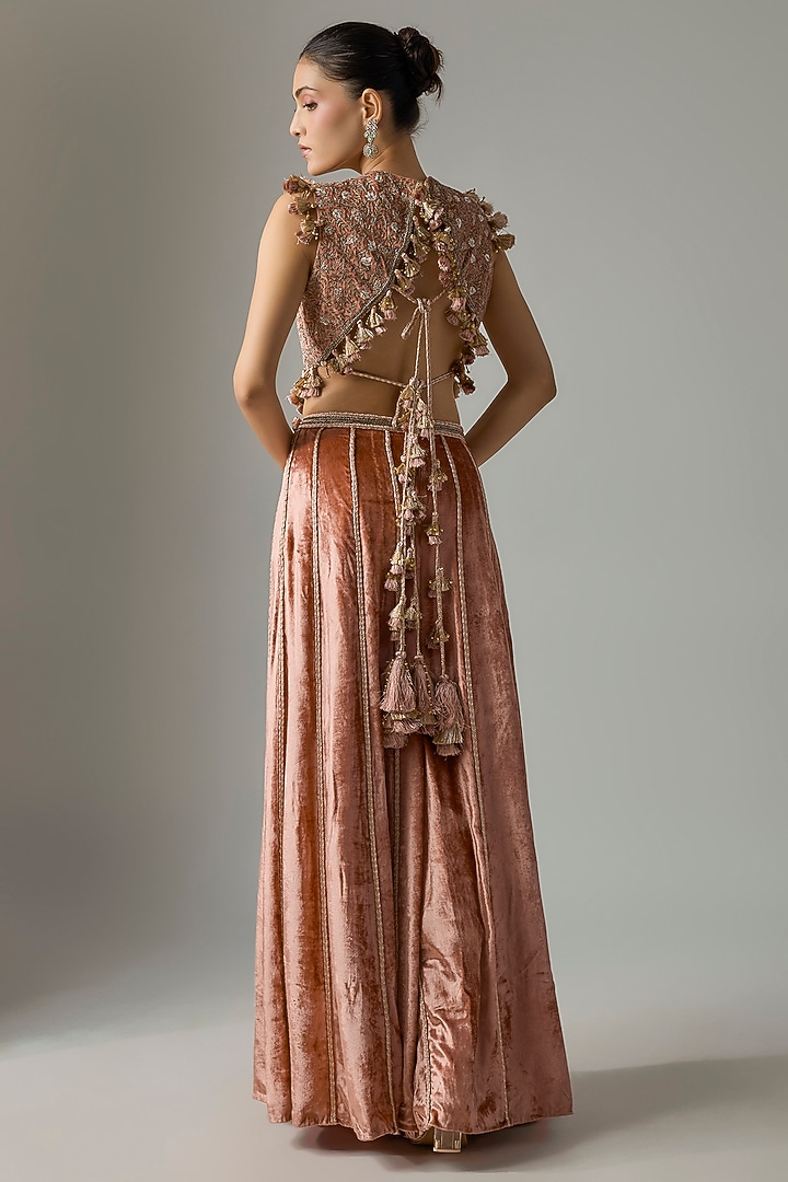 Dull Rose-Colored Velvet Embroidered Wedding Sharara Set by Payal Singhal at Pernia's Pop Up Shop