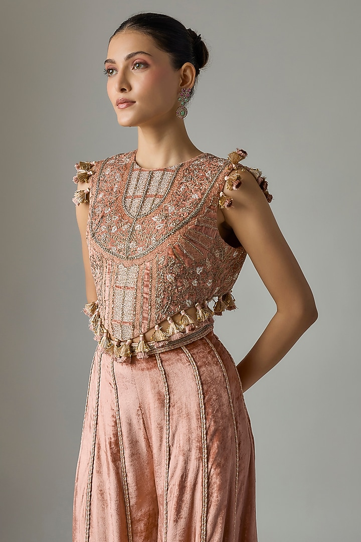 Dull Rose-Colored Velvet Embroidered Wedding Sharara Set by Payal Singhal at Pernia's Pop Up Shop
