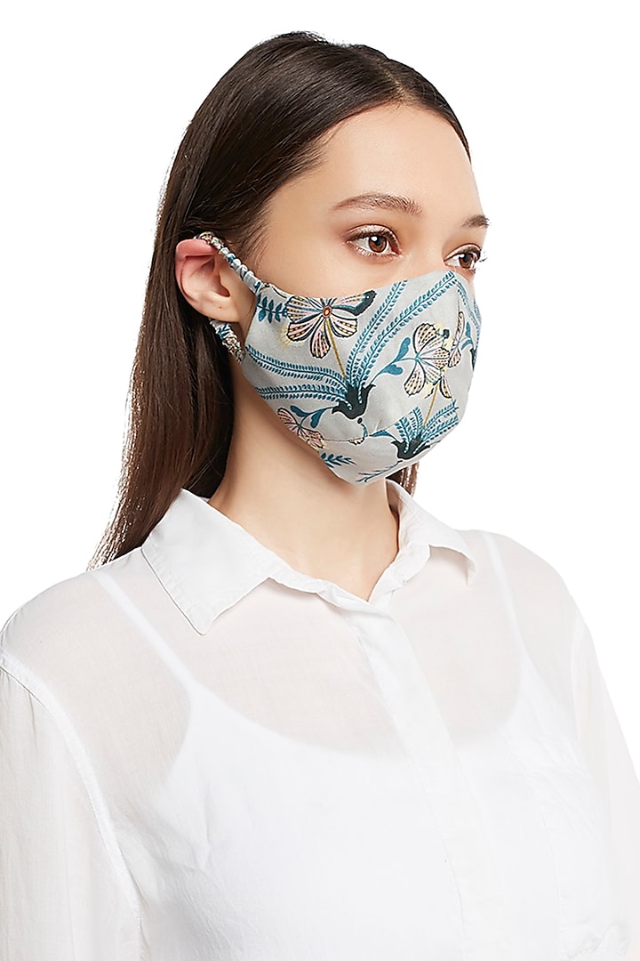Powder Blue & Mint Green Reversible Printed 3 Ply Mask With Pouch by PAYAL SINGHAL ACCESSORIES