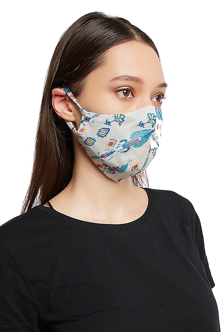 White & Blue Reversible Printed 3 Ply Mask With Pouch by PAYAL SINGHAL ACCESSORIES